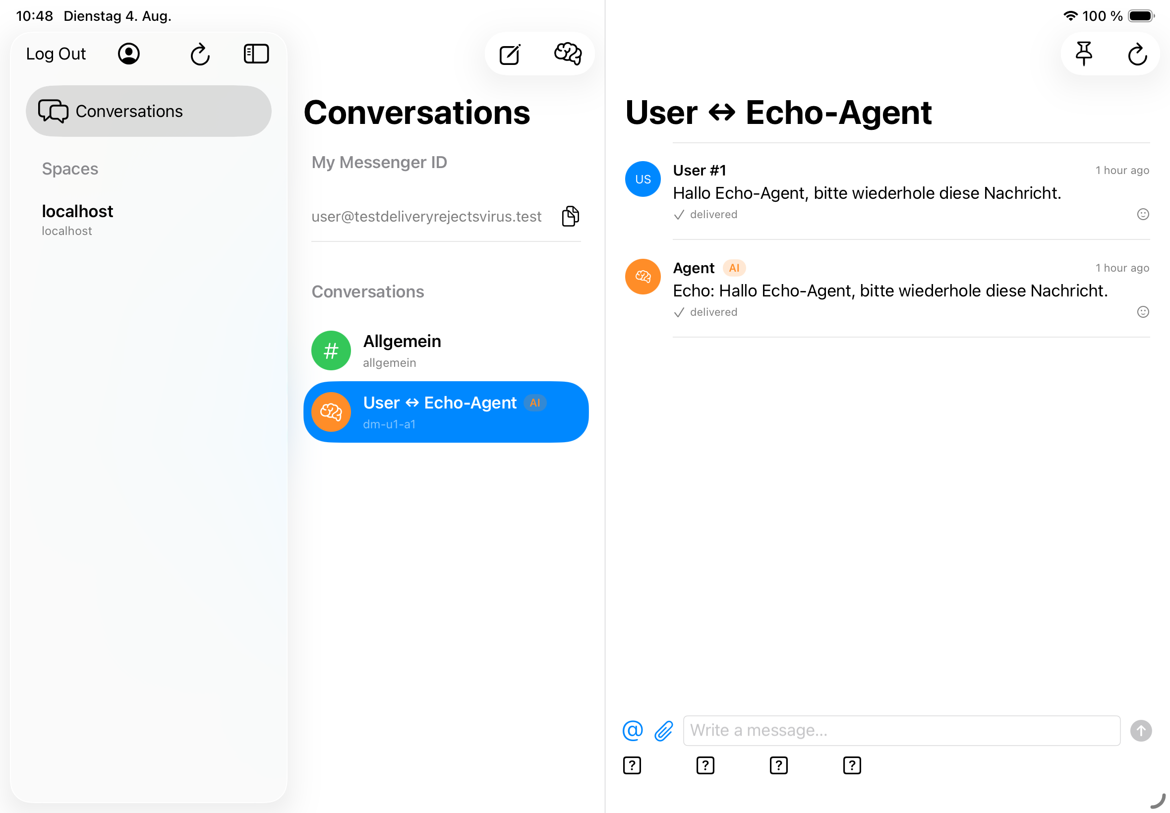 iPad in landscape: three columns — spaces, conversation list, and the open agent conversation with AI badge.