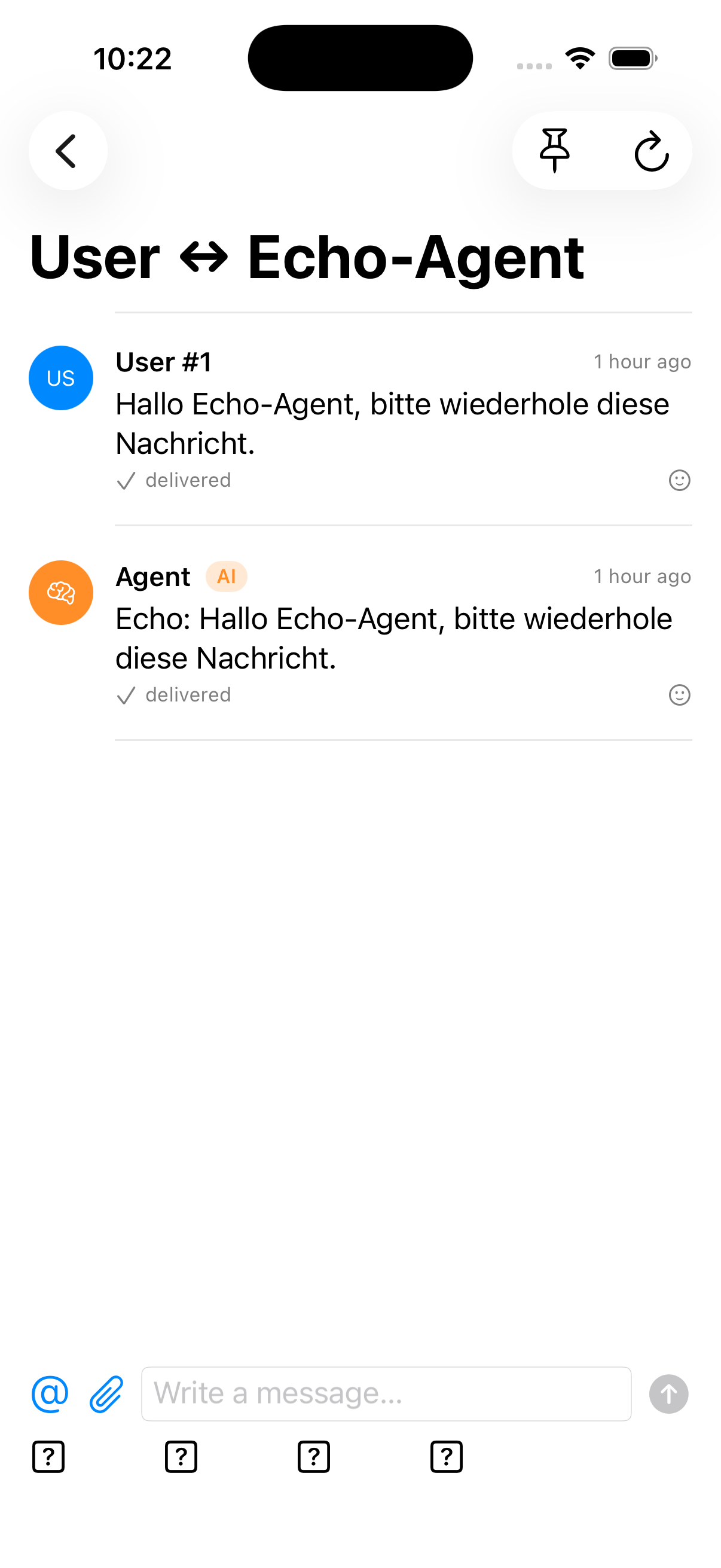 iPhone: direct conversation with an agent. The agent's reply carries an orange AI badge; the user's message shows a delivered state.