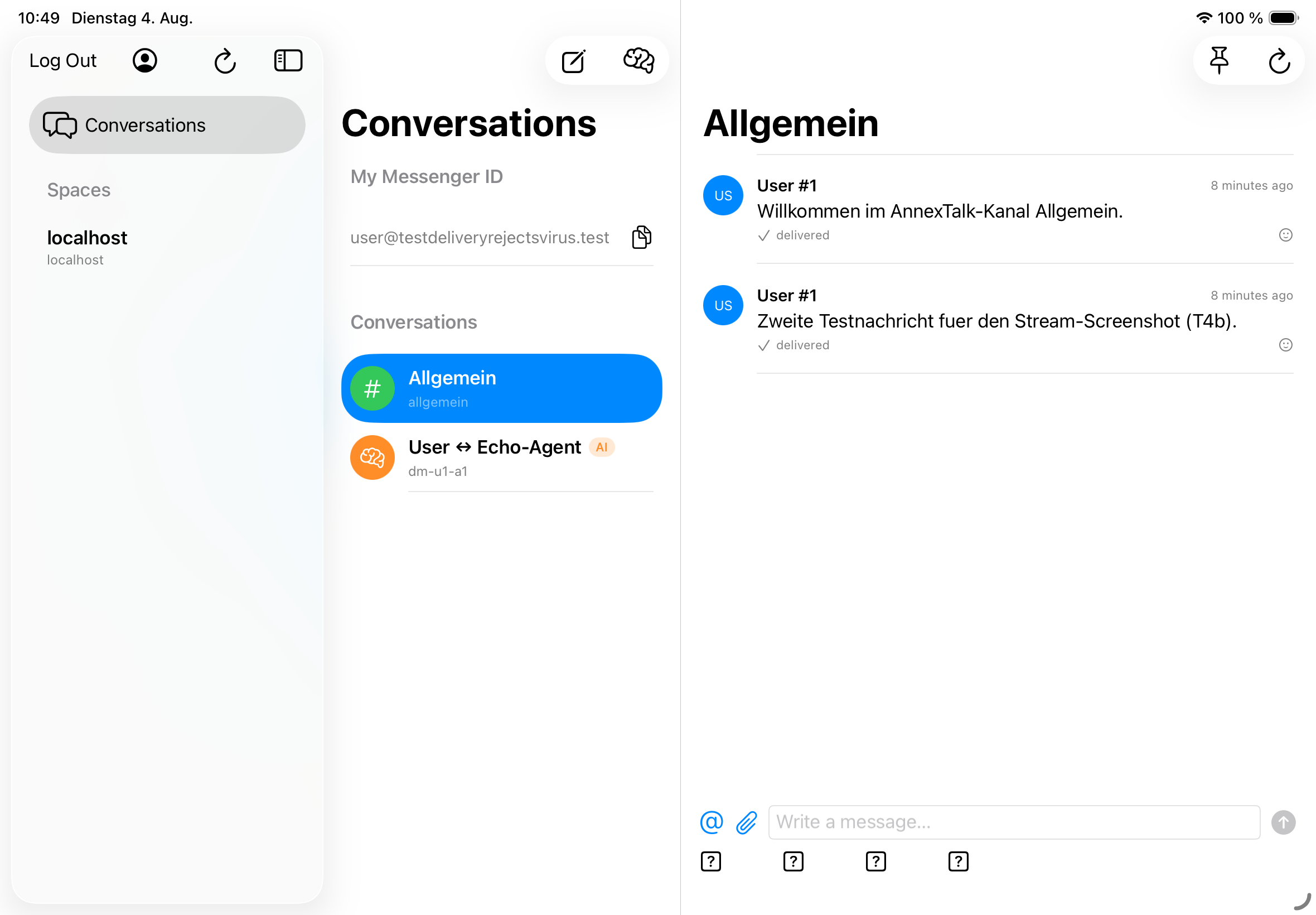 iPad in landscape: conversation list and channel stream side by side; an agent conversation in the list carries the AI badge.